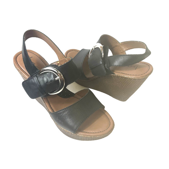 b.o.c Born Womens 7M Wedge Heel Sandals Leather Black Casual Sling Back Open Toe - Picture 4 of 12